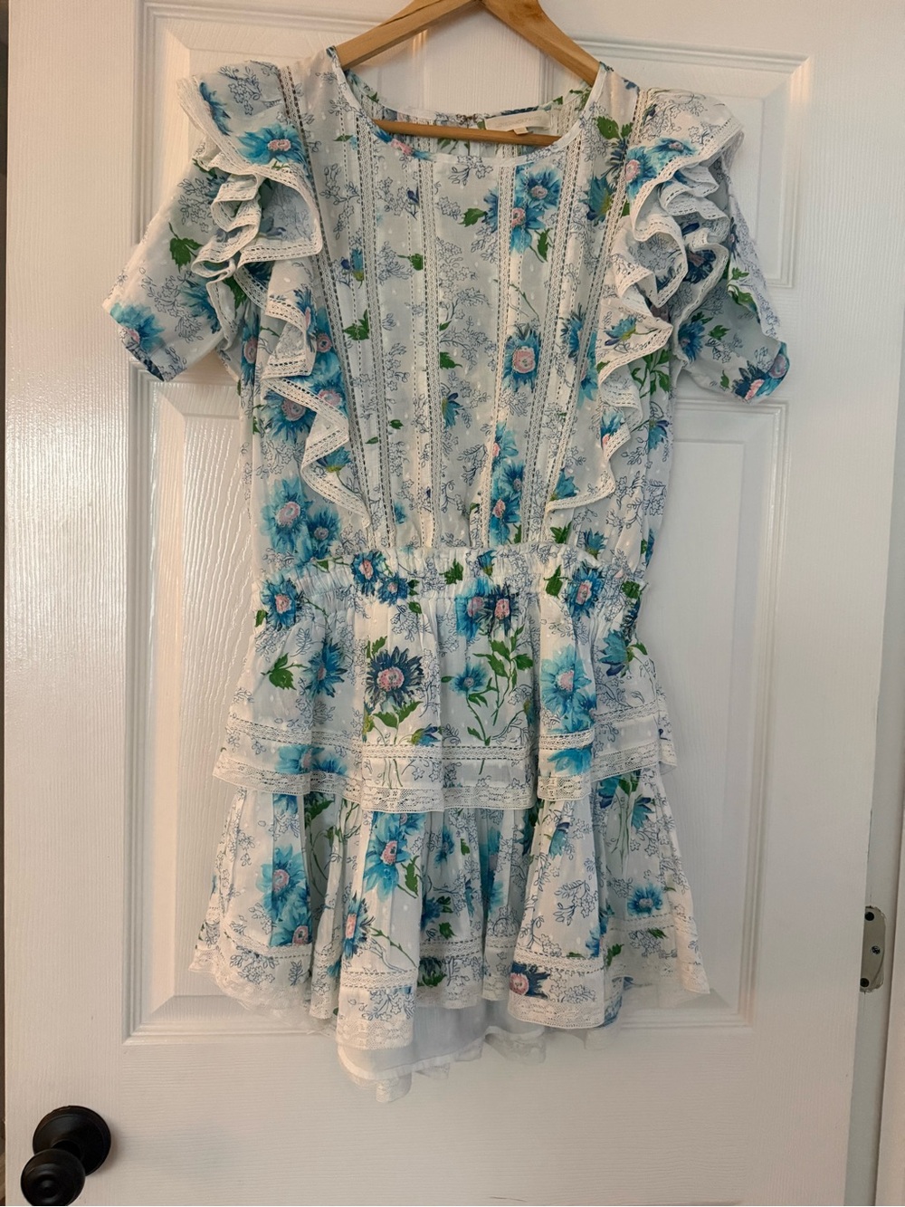 White Floral Ruffle Dress with Blue Flowers